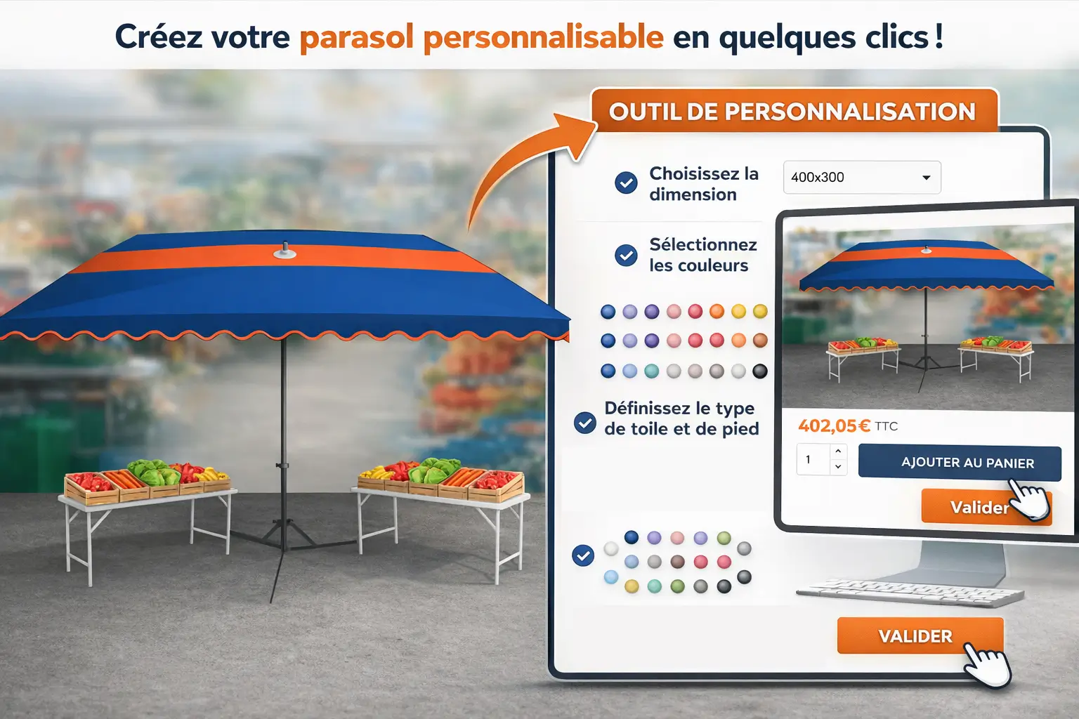 Votre parasol déclinable.

Créez le modèle parfait pour votre stand!
